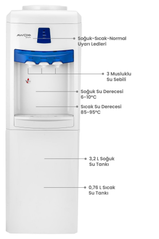 Awox Tron 3 Musluklu Sıcak-Soğuk Çelik Kazanlı Su Sebili